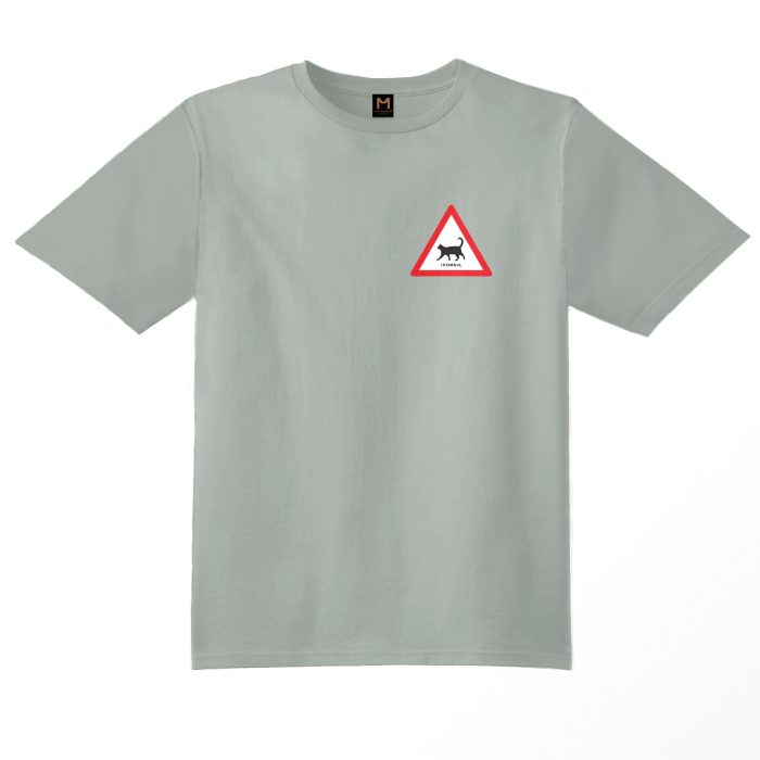 sage green Cat Traffic T-shirt featuring a graphic with a small triangle traffic sign, a walking cat inside, and the text 'Istanbul' on the top right corner.