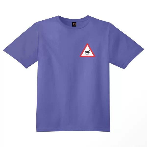 Purple Cat Traffic T-shirt featuring a graphic with a small triangle traffic sign, a walking cat inside, and the text 'Istanbul' on the top right corner.