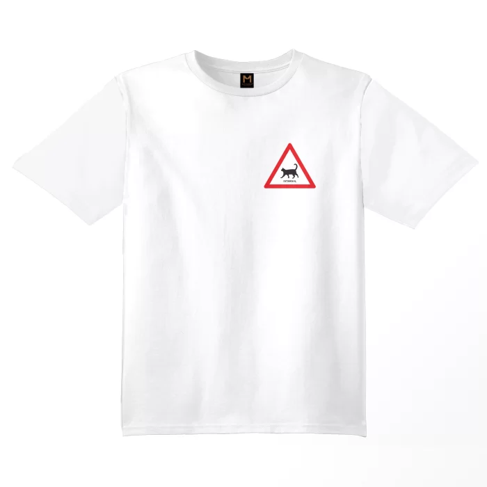 White Cat Traffic T-shirt featuring a graphic with a small triangle traffic sign, a walking cat inside, and the text 'Istanbul' on the top right corner.