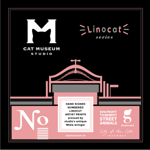 Banner featuring text about the Linocat Series: handmade, signed, numbered linocut artist prints pressed by the studio's antique Miele wringer, presented by Cat Museum Istanbul Print Studio.