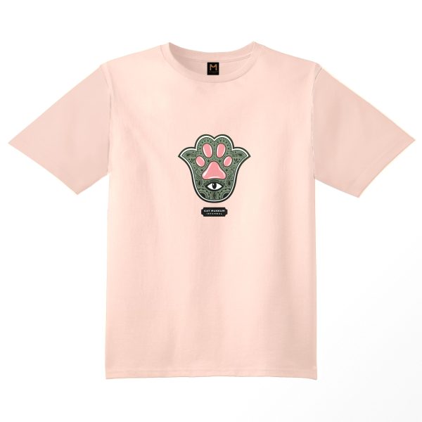 Coral Hamsa in catland T-shirt from cat museum Galata Istanbul featuring a unique Hamsa charm design with a cat paw replacing the human hand.