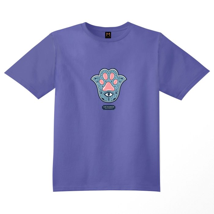 Purple Hamsa in catland T-shirt from cat museum Istanbul featuring a unique Hamsa charm design with a cat paw replacing the human hand.