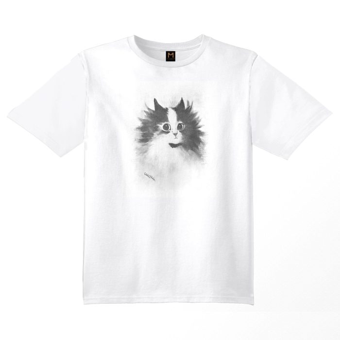 White T-shirt featuring a black and white illustration of a cat's head by Louis Wain.