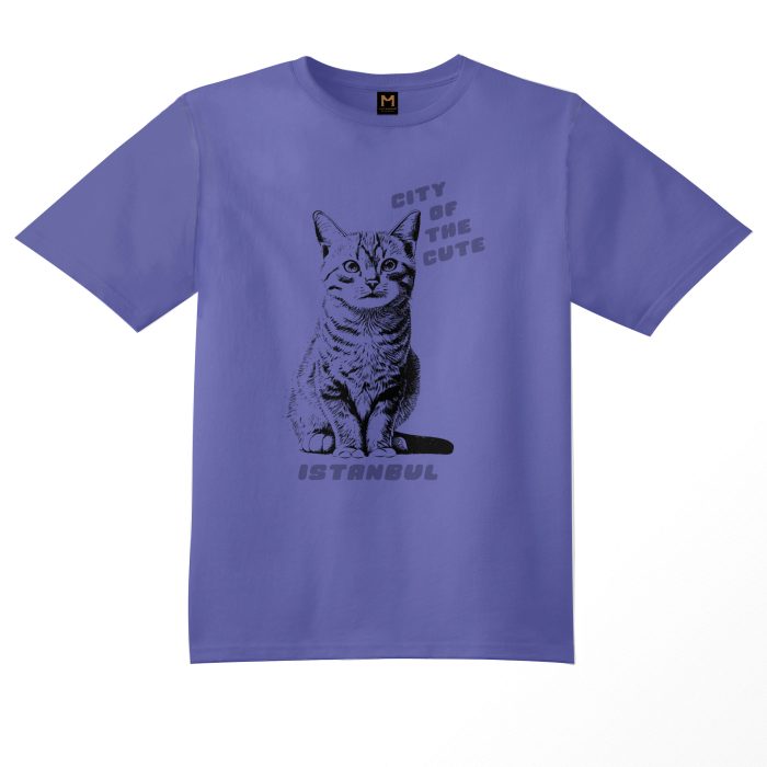 Purple T-shirt featuring a graphic of a big cat sitting on its paws with the text 'Istanbul, City of the Cute avalable on cat museum Galata