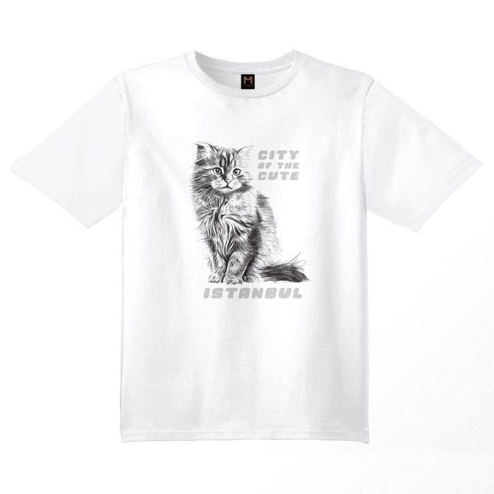 White T-shirt featuring a graphic of a kitten cat sitting on its paws with the text 'Istanbul, City of the Cute available on cat museum Istanbul