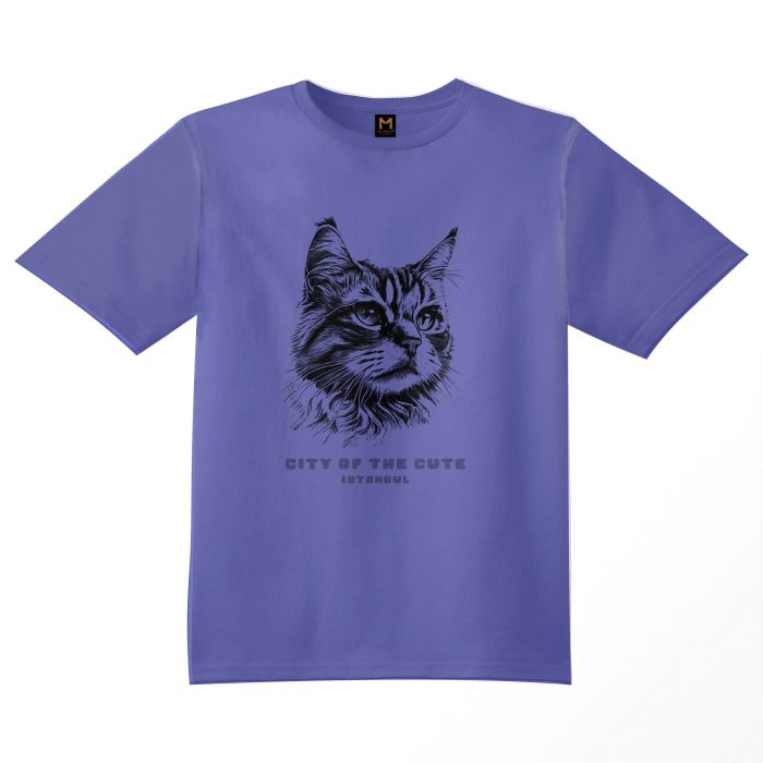 Purple T-shirt featuring a graphic of a big cat head with the text 'Istanbul, City of the Cute on Galata gift shop