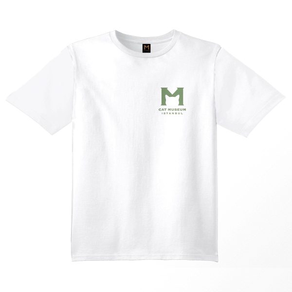 White T-shirt featuring the Cat Museum Istanbul 'M' logo on the front in green color, from city of the cute collection