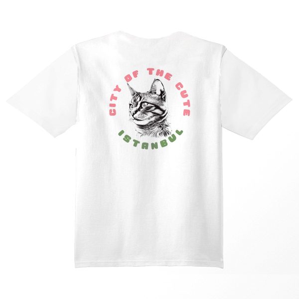 Back of the white T-shirt featuring a cat head graphic with the text 'Istanbul, City of the Cute collection, from cat museum Istanbul Gift shop