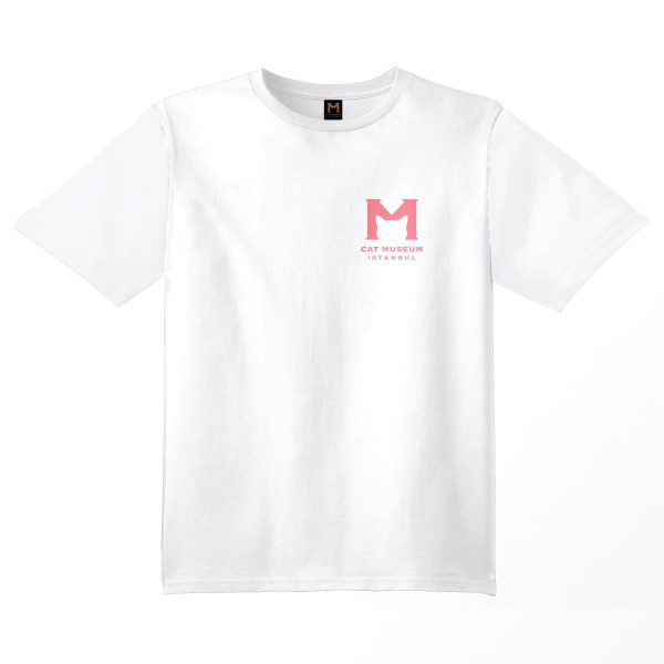 White T-shirt featuring the Cat Museum Istanbul 'M' logo on the front in pink color, from city of the cute collection