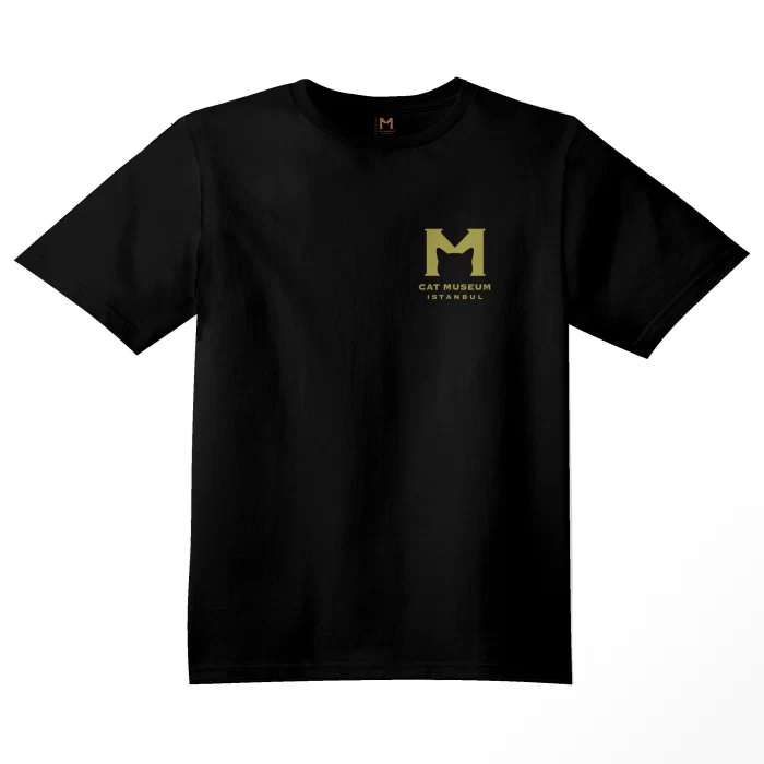 Front of the Andre Helle T-shirt in black featuring the Cat Museum Istanbul logo.