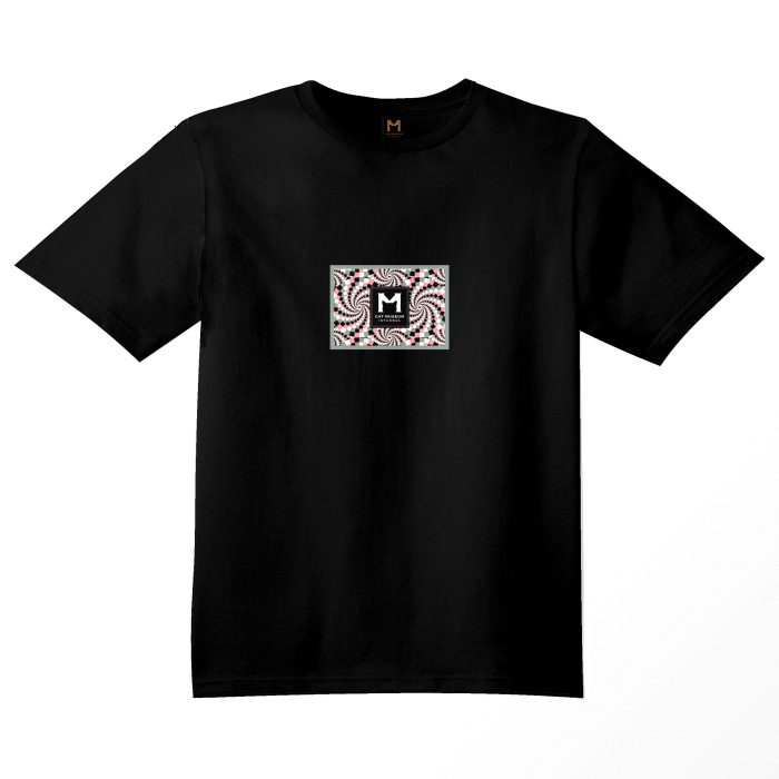 Front of the black T-shirt with the Cat Museum Istanbul logo, featuring the 'M' logo on a pixelated 3D background. Available at the Galata gift shop.