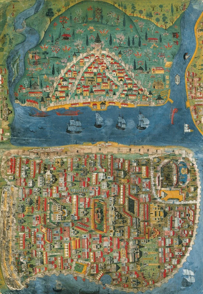 A 1537 map of Istanbul by Matrakçı Nasuh, depicting the city and the sea in a simplified, historic illustration style.